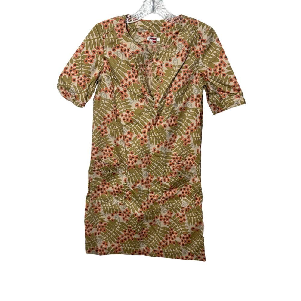 Madras APC Floral Dress Women’s S Tan Short Sleeve Cotton‎ Colorful Summer